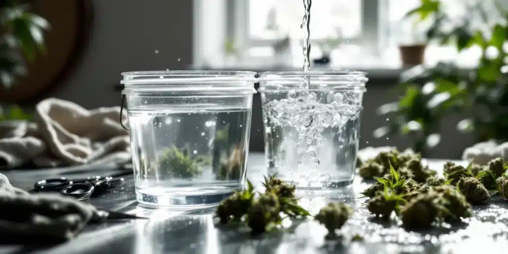 Cannabis buds being rinsed with clean water for optimal purity.