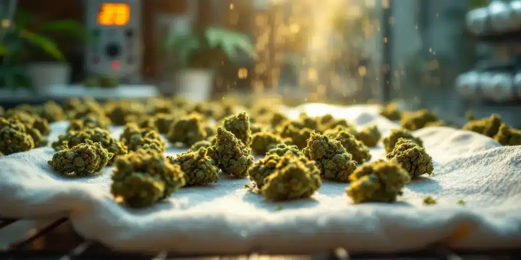 Cannabis buds drying after bud washing to eliminate residues.