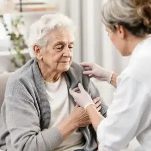Elderly patient using cannabis for dementia treatment with caregiver support.