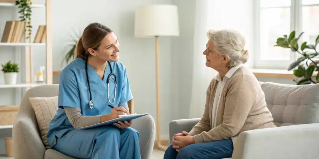 Medical professional discussing cannabis therapies for dementia patients with a caregiver in a modern clinic.
