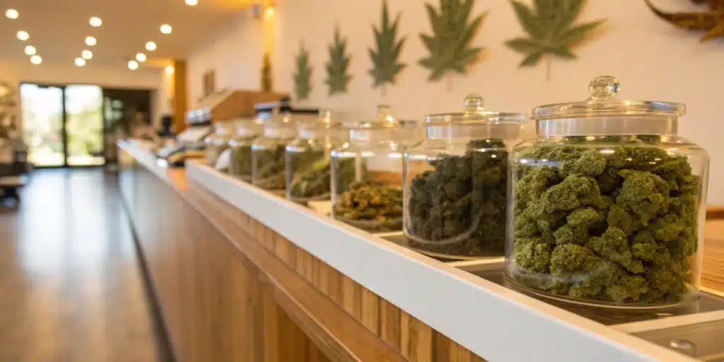 Close-up of labeled cannabis products for dementia care in a bright retail setting.