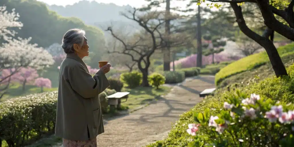 Elderly person in a serene garden holding a cannabis product, representing natural support for dementia patients.