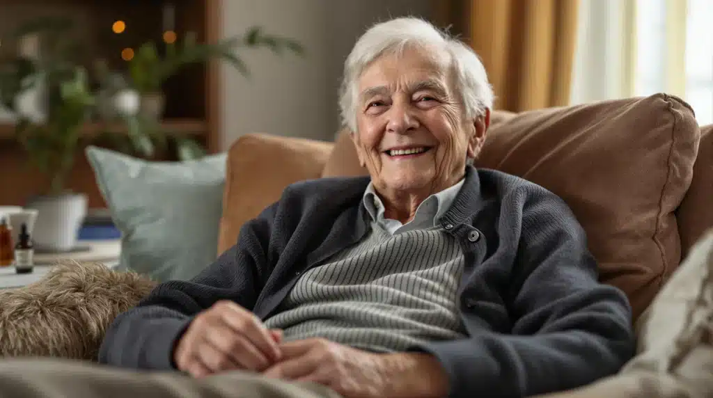 Elderly dementia patient relaxed after cannabis treatment with CBD oil or infused tea.