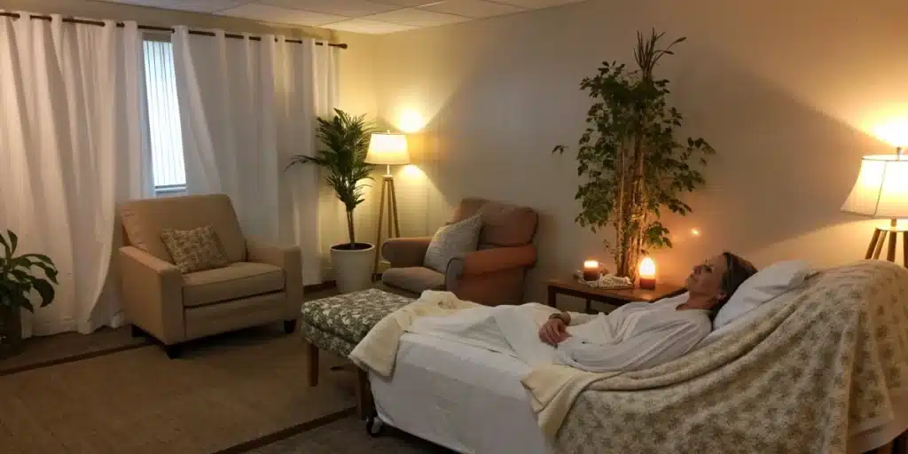 Patient in a calm recovery room with natural cannabis products for pain relief after surgery in view.