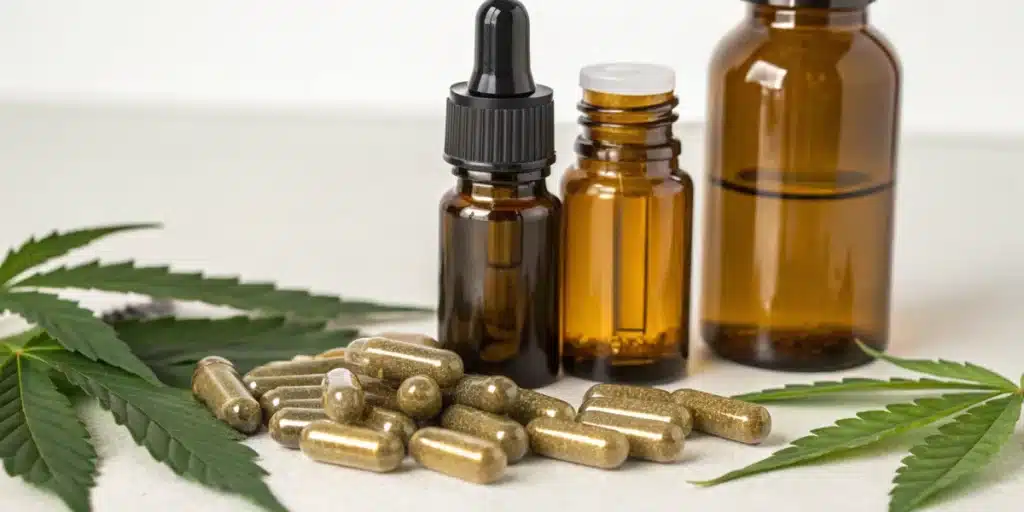 Close-up of high-quality cannabis products for pain relief after surgery displayed on a neutral background.