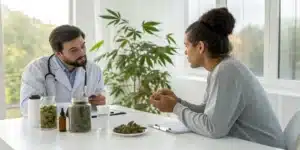 Doctor discussing cannabis for pain relief after surgery with a patient in a contemporary clinic.