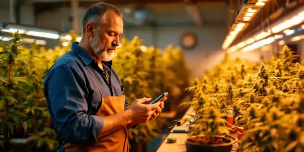 Cannabis grower using a smartphone to control an automated watering system.
