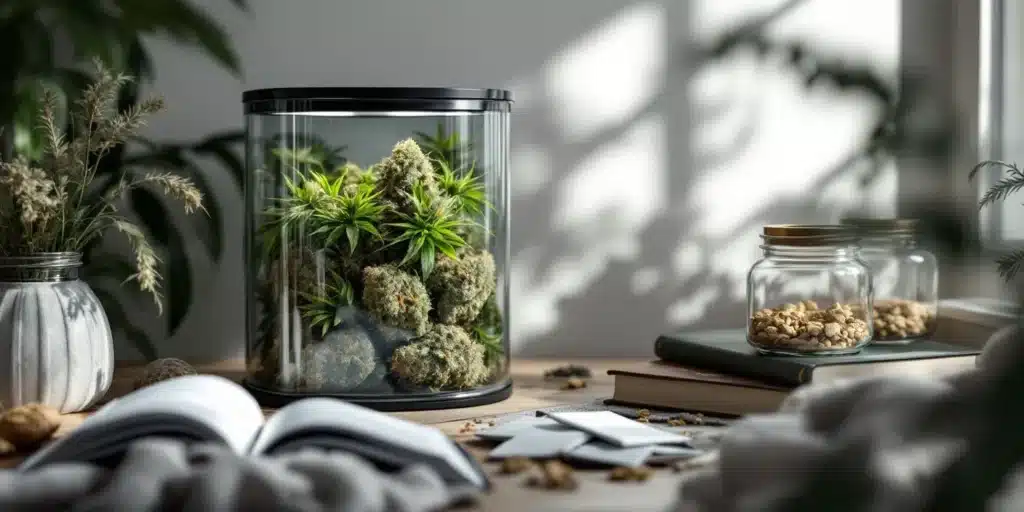 Cannabis buds in airtight jars with controlled humidity levels for freshness.