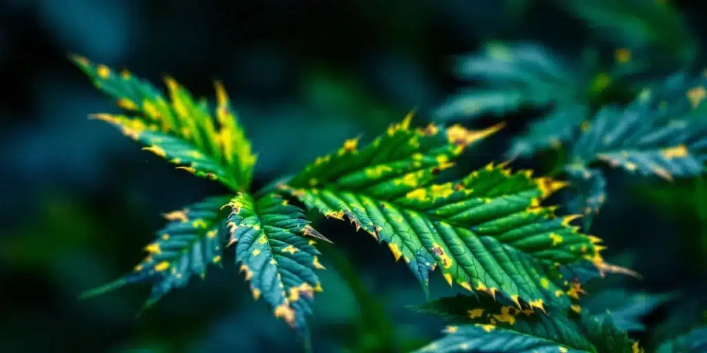 Cannabis leaf showing signs of Cal-Mag deficiency with yellowing and necrotic spots.