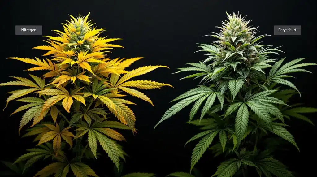 Cannabis plant showing signs of nitrogen and phosphorus deficiency.
