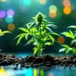 Cannabis seedlings growing in nutrient-rich soil with vibrant lighting.