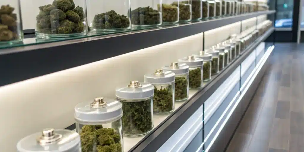 Glass jars filled with different strains of cannabis on display in a modern dispensary for arthritis treatment.