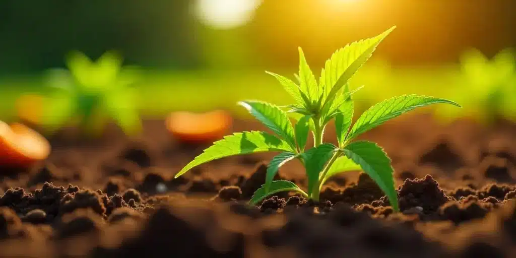 A thriving cannabis seedling planted in dark, nutrient-dense compost, ideal for strong root development.