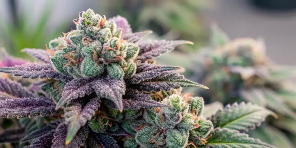 Close-up of cannabis buds with purple hues and dense trichomes, highlighting vibrant green leaves and orange pistils.
