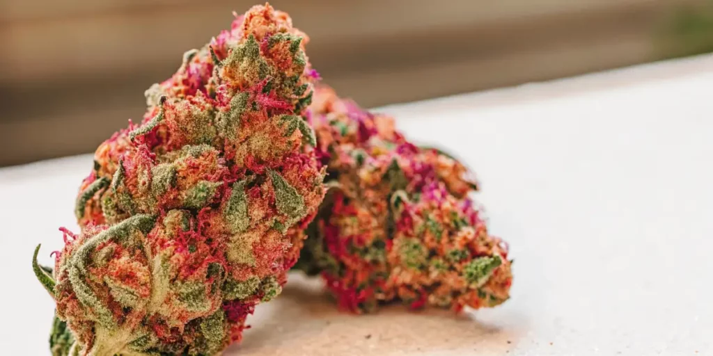 A close-up of dense cannabis buds, covered in frosty trichomes with hints of purple and green, showcasing their rich texture.