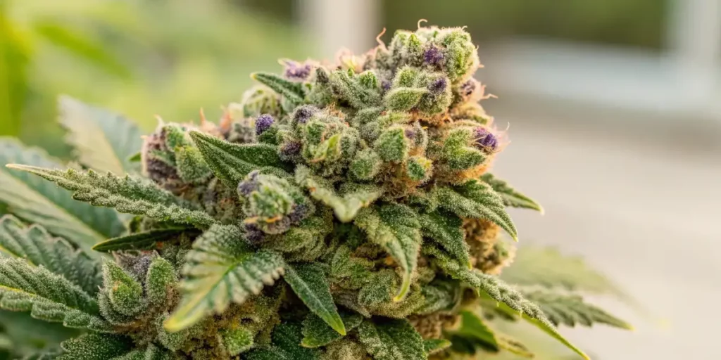 Group of cannabis buds covered in resin, with purple highlights.