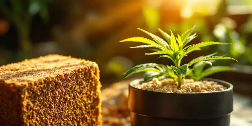 Autoflower cannabis seedling growing in coco coir with perlite for aeration.