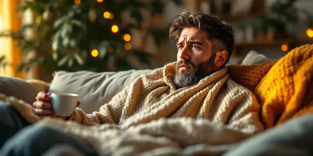 Man with beard and knitted sweater, wrapped in a blanket, holding a mug on a couch, looking pensive.
