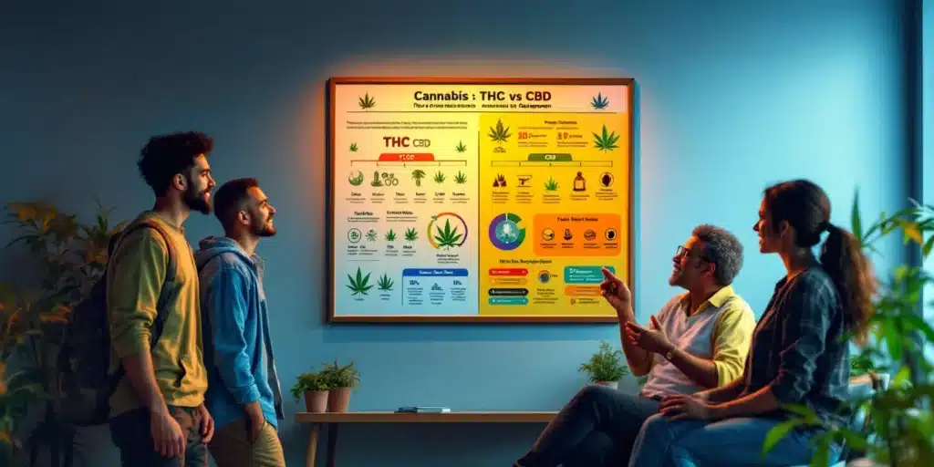 A group of people learning about THC vs CBD for pain management on an informative display.