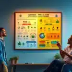 A group of people learning about THC vs CBD for pain management on an informative display.