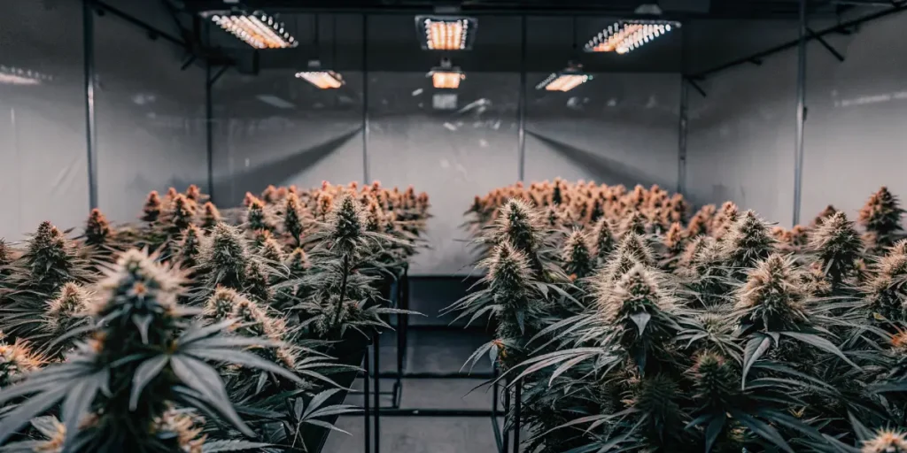 Hyper-realistic indoor cannabis grow room with uniform rows of dense, frosty plants under bright overhead grow lights.