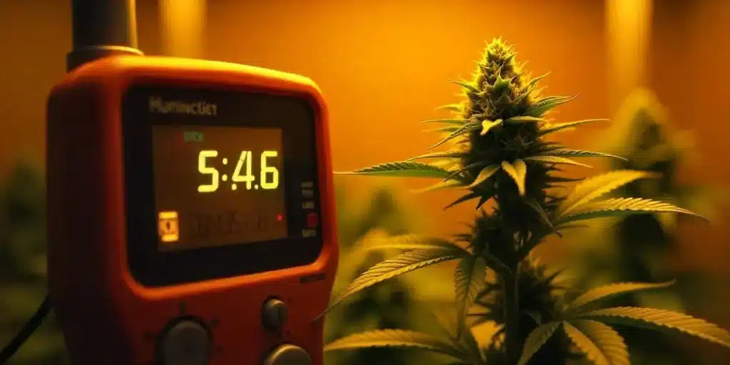 A digital humidity meter beside a cannabis plant, emphasizing the importance of maintaining ideal humidity for flowering autoflowers.