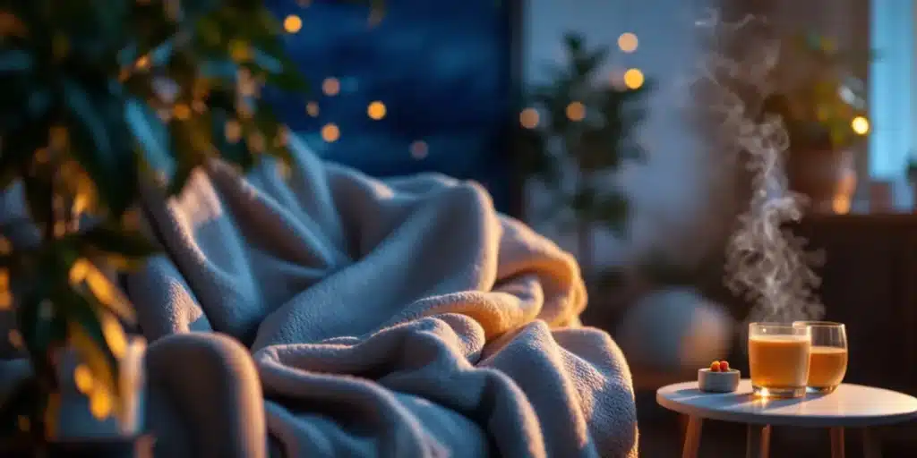 Cozy nighttime setting with a blanket, warm tea, and CBD gummies for sleep support.