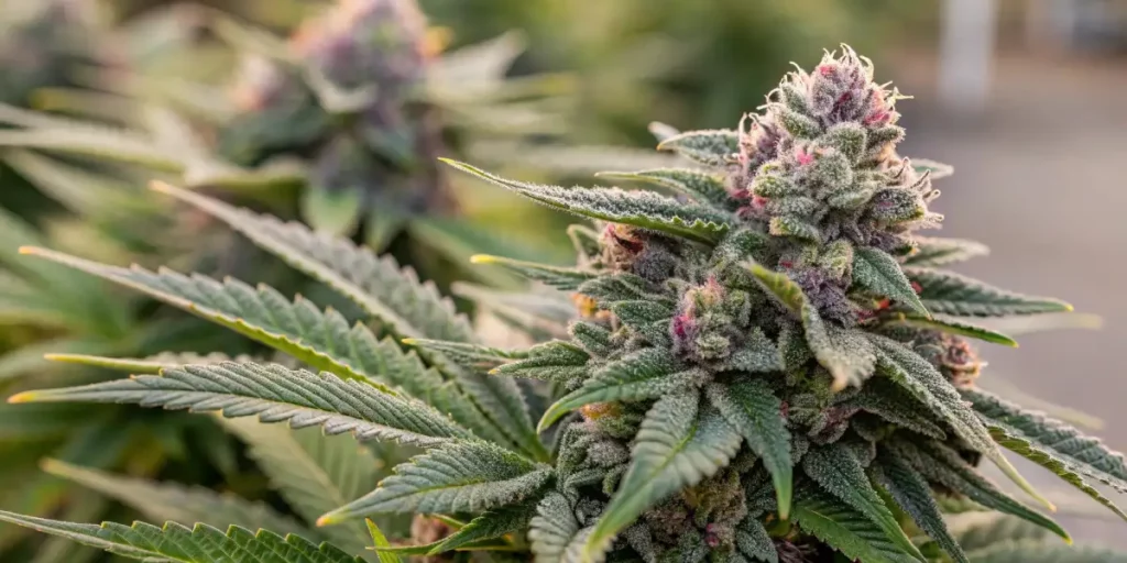 Dense cannabis bud with purple and green hues surrounded by leaves in an outdoor garden.