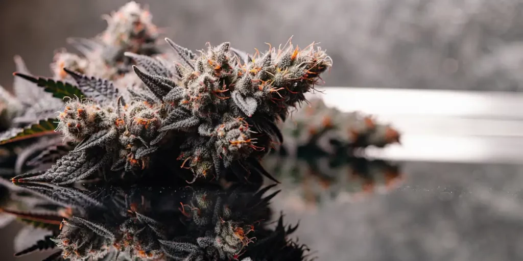 Close-up of dense purple cannabis buds with a frosty appearance and orange pistils.