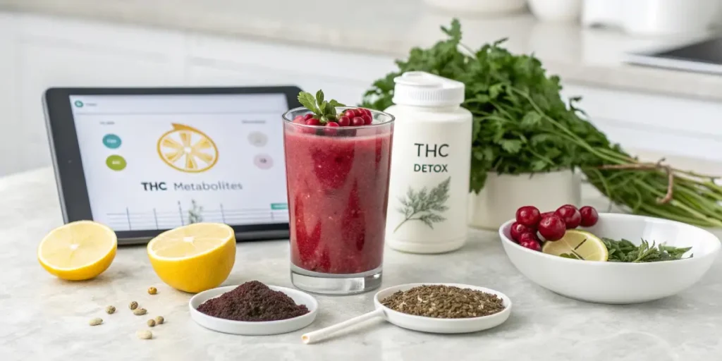 A glass labeled "THC Metabolites" and an "THC" oil dropper next to a laptop displaying a "DETOX DRINK" recipe, with an orange slice and herbs nearby.