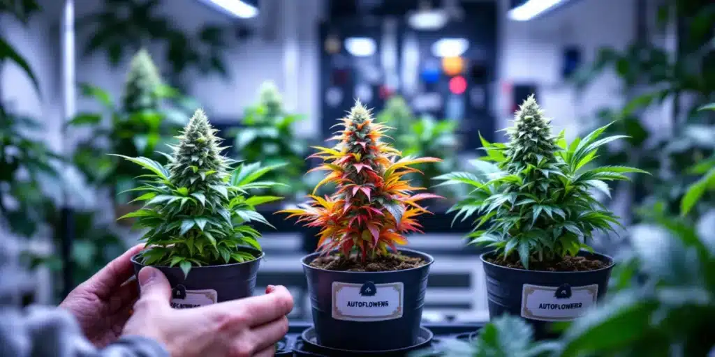 Three autoflower cannabis plants in pots, grown in different soil types.