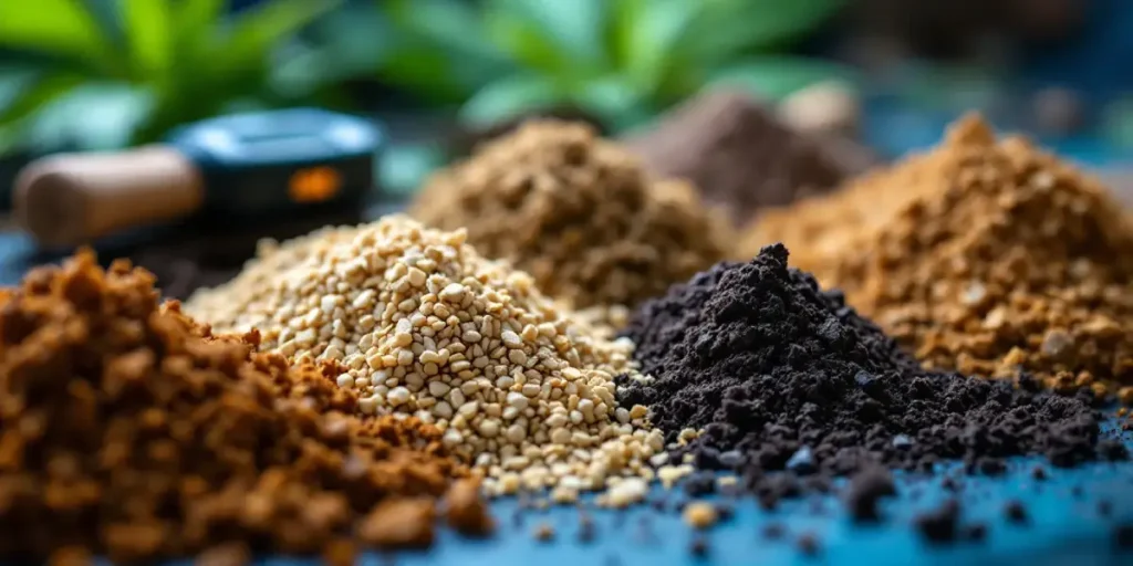 Variety of soil types in separate piles, ranging from dark compost to clay and perlite.