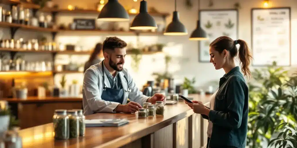 A woman consulting a dispensary specialist about medical cannabis options for back pain relief.