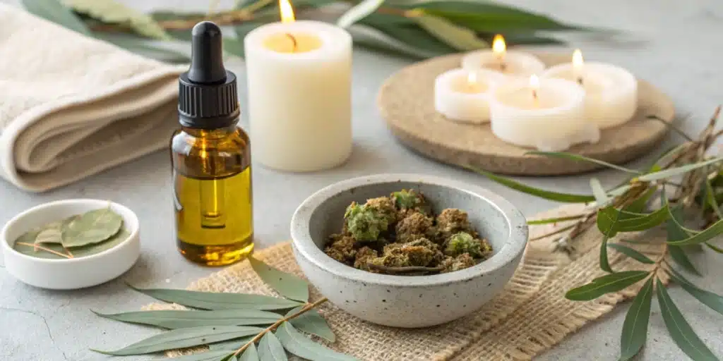 CBD dropper bottle and bowl of cannabis buds displayed with candles and eucalyptus leaves for a calming spa-like atmosphere