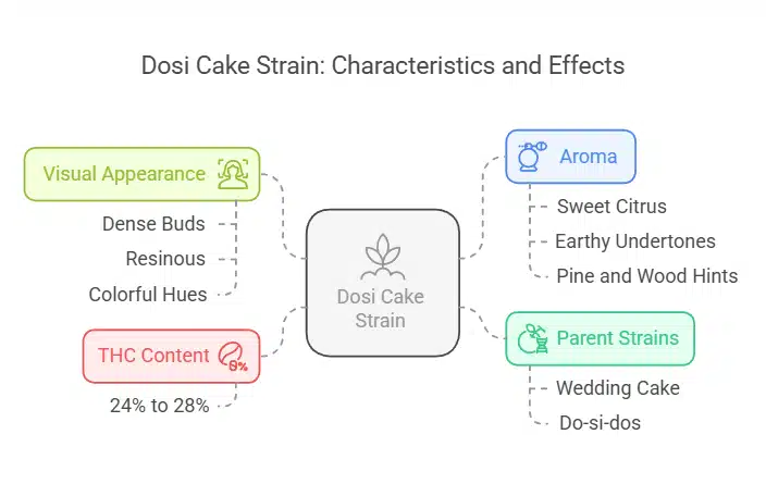 Infographic summarizing the Dosi Cake strain's features, including THC content, aroma, and parent strains like Wedding Cake and Do-si-dos