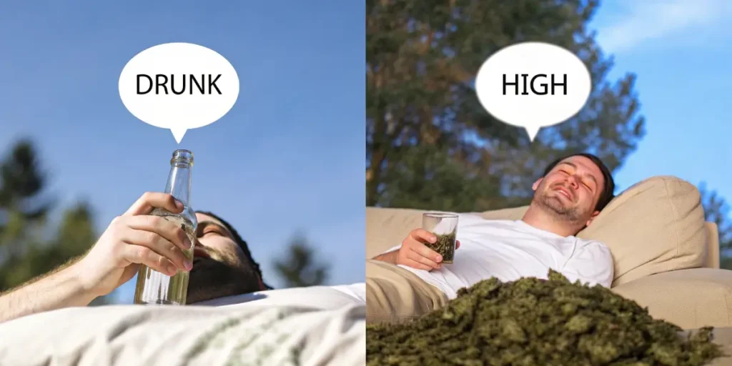 Split illustration: "DRUNK" man holding a beer bottle lying down outdoors, vs "HIGH" man resting with a glass and large pile of cannabis.
