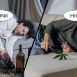 Split illustration: "DRUNK" man passed out on couch with empty bottle, vs "HIGH" man resting on couch with cannabis leaf and glass.