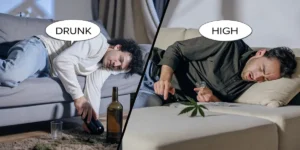 Split illustration: "DRUNK" man passed out on couch with empty bottle, vs "HIGH" man resting on couch with cannabis leaf and glass.