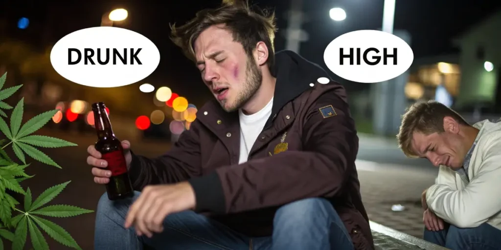 Split illustration: "DRUNK" man with bottle and bruises on a street at night, next to "HIGH" man slumped with cannabis leaf.