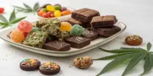 Variety of colorful gummies, brownies, cookies, and chocolates on a white plate, decorated with fresh cannabis leaves on a light surface