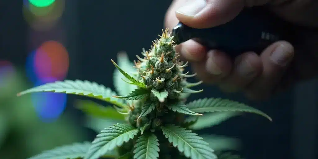 A close-up of an automatic pot trimmer being used to trim a cannabis bud, ensuring a precise and clean harvest under LED grow lights.