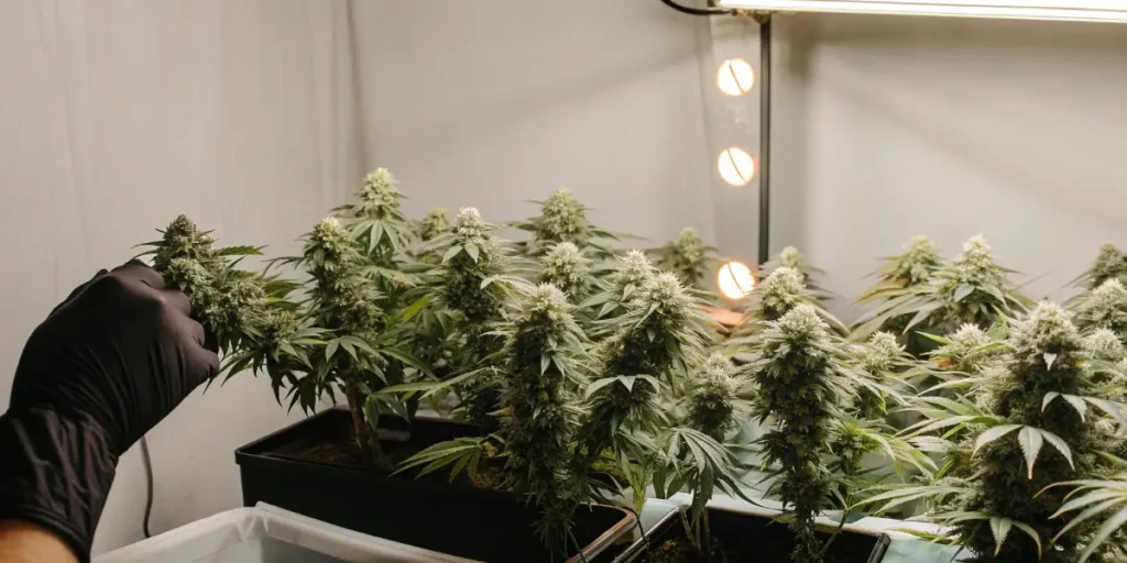 Gloved hand inspecting a cannabis plant with dense, frosty buds under grow lights in an indoor grow room.