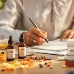 A person writing on a notepad with CBD bottles and pills on the table, symbolizing natural relief for cold and flu.