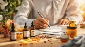 A person writing on a notepad with CBD bottles and pills on the table, symbolizing natural relief for cold and flu.