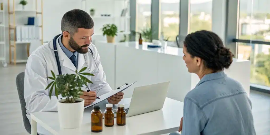 Doctor discussing the FDA approved cannabis treatment for epilepsy with a patient in a contemporary clinic setting.