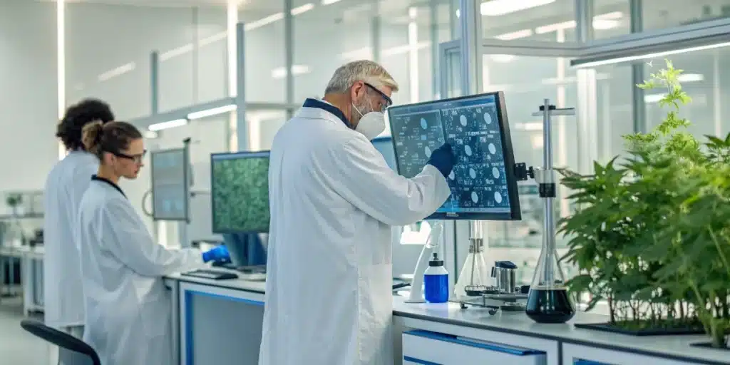 Scientists analyzing cannabis extracts and clinical data in a lab for the FDA approved epilepsy treatment.