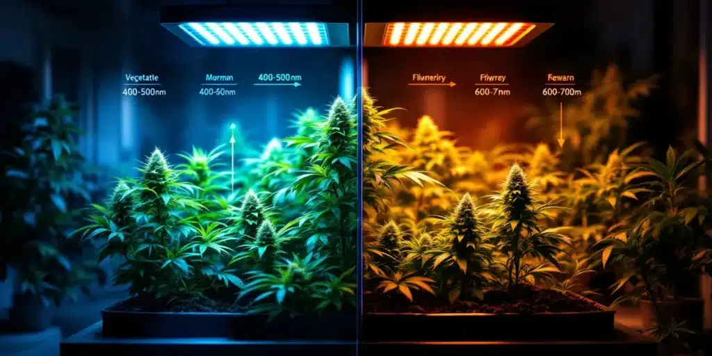 Split image comparing cannabis growth stages: blue/vegetative lighting on left, orange/flowering lighting on right, with plants under each.