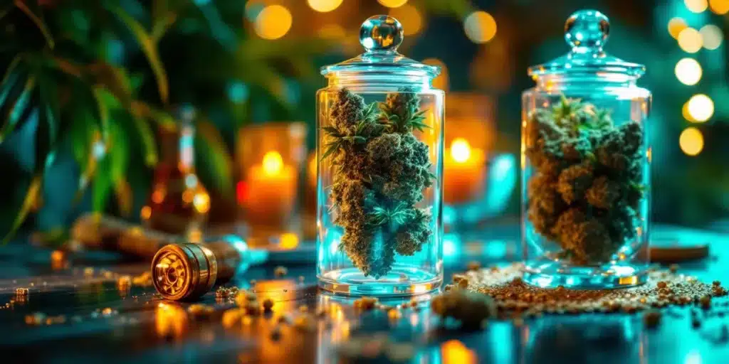 Glass jars with cannabis buds stored under optimal humidity conditions.