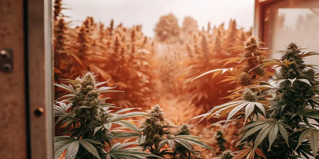 Hyper-realistic scene of lush cannabis plants viewed from a window, with a golden-hued field stretching into the distance.