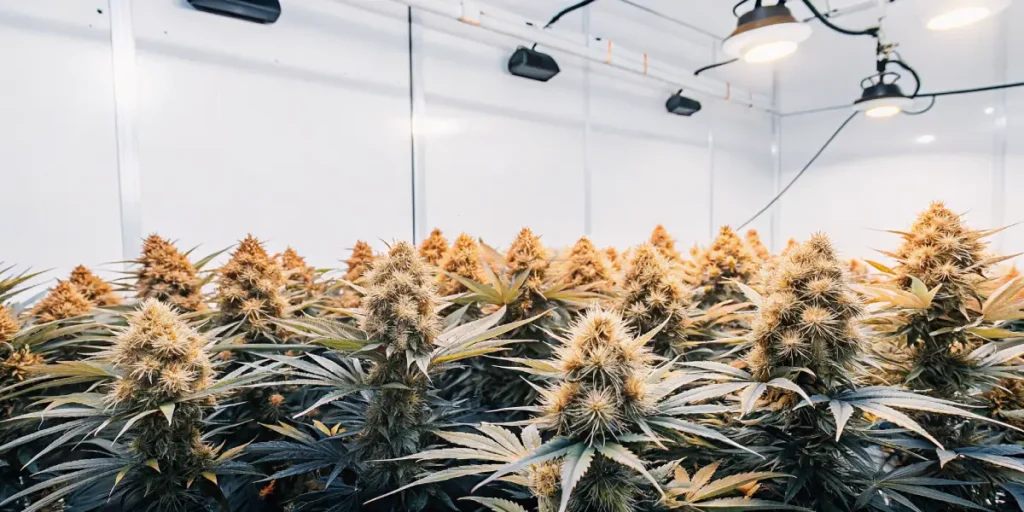 Hyper-realistic indoor cannabis grow room filled with dense, golden-hued plants, under bright overhead lights.